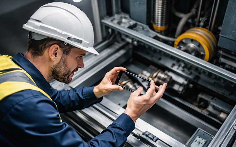 Servicetechniker fotografiert ein Aufzugsteil zur KI-gestützten Erkennung